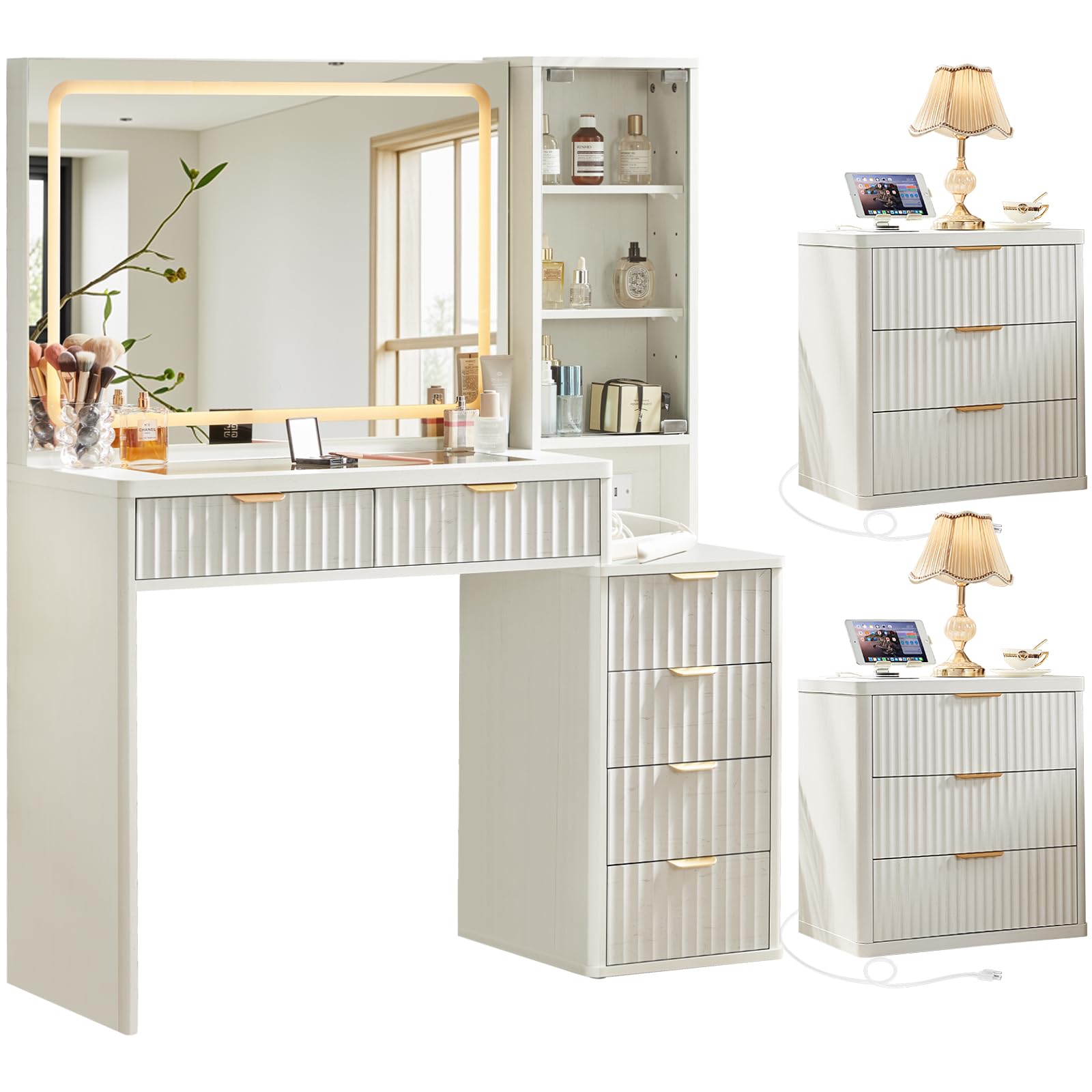 LEYAOYAO Vanity Mirror with Lights and Night Stand Sets, 43.5" Fluted Makeup Vanity with 6 Drawers and Power Outlet, 3 Drawers 23" End Side Table, Natural Wood Makeup Table Bedroom Furniture Set of 2