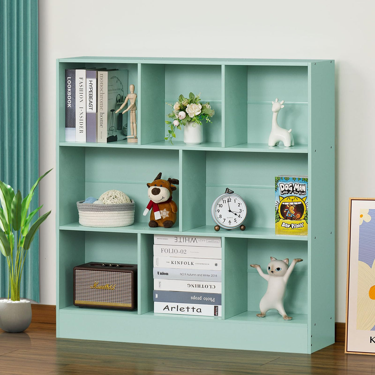 LEYAOYAO 7 Cube Bookshelf with Base,3 Tier Mid-Century Modern Blue Bookcase,Standing Wide Bookshelves Storage Organizer Shelf,Rustic Wood Display Cabinet Book Shelves for Bedroom,Living Room,Office