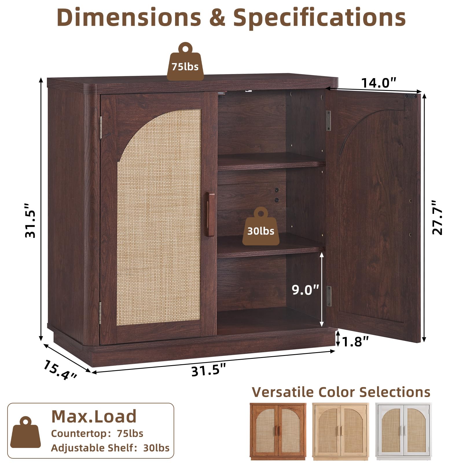 LEYAOYAO Rattan Sideboard Buffet Cabinet with Storage, 31.5" Coffee Bar Cabinet with Arch Doors & Adjustable Shelves, Wood Credenza, Boho Accent Cabinet for Kitchen, Living Room, Natural