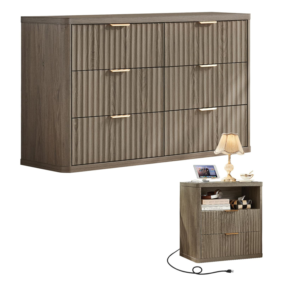 LEYAOYAO Fluted Dresser and 2 Drawers Nightstand Set of 2, Wood 48" Wide Dresser & 23" Night Stand with Charging Station, 3 Piece Bedroom Furniture Set, Chest of Drawers for Living Room,Antique White