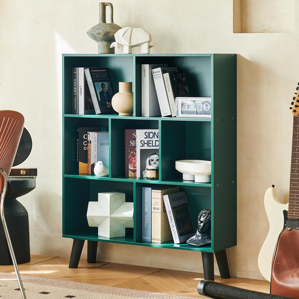 LEYAOYAO 7 Cube Bookshelf, Mid-Century Modern Bookcase Legs,Black Wooden Book Shelves, Wood 3-Tier Freestanding Storage Organizer Display Shelf for Bedroom,Living Room,Office