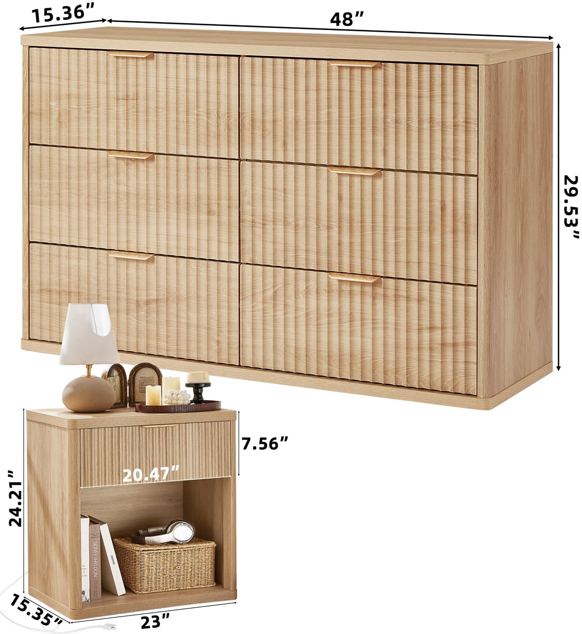 LEYAOYAO 48" Wide Fluted Dresser and 1 Drawers 23" Nightstand Set of 2, Wooden Dresser & Night Stand with Charging Station, 3 Piece Bedroom Furniture Set, Chest of Drawer for Living Room,Antique White