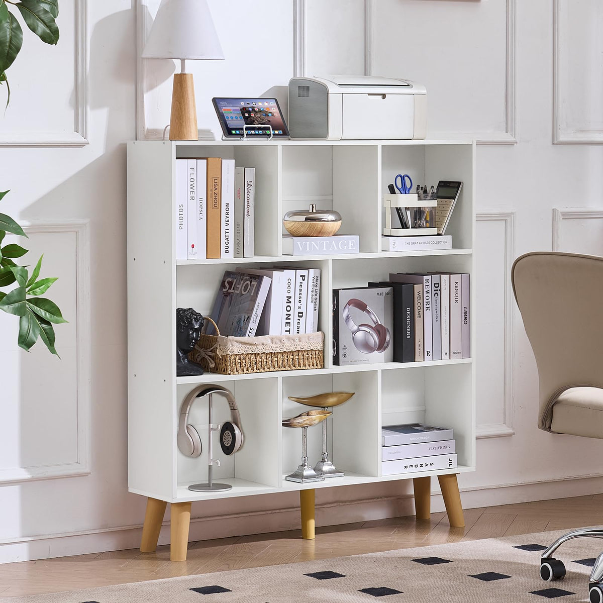 LEYAOYAO Cube Bookshelf, Mid-Century Modern Book Shelf with Legs, Brown