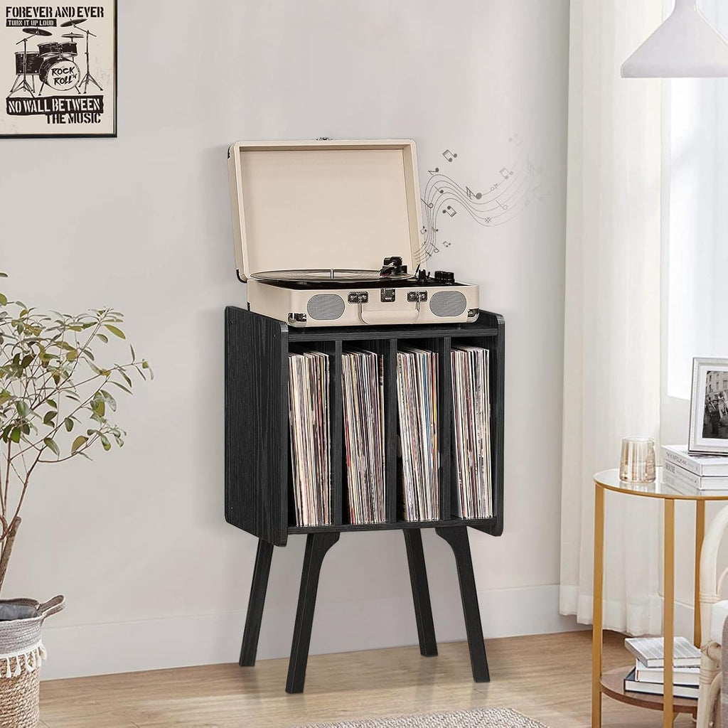 Lerliuo Record Player Stand with Storage Holds Up to 80 Albums, Turntable Stand with Beech Wood Legs, Mid-Century Record Player Table,Black Vinyl Holder Display Shelf for Bedroom Living Room
