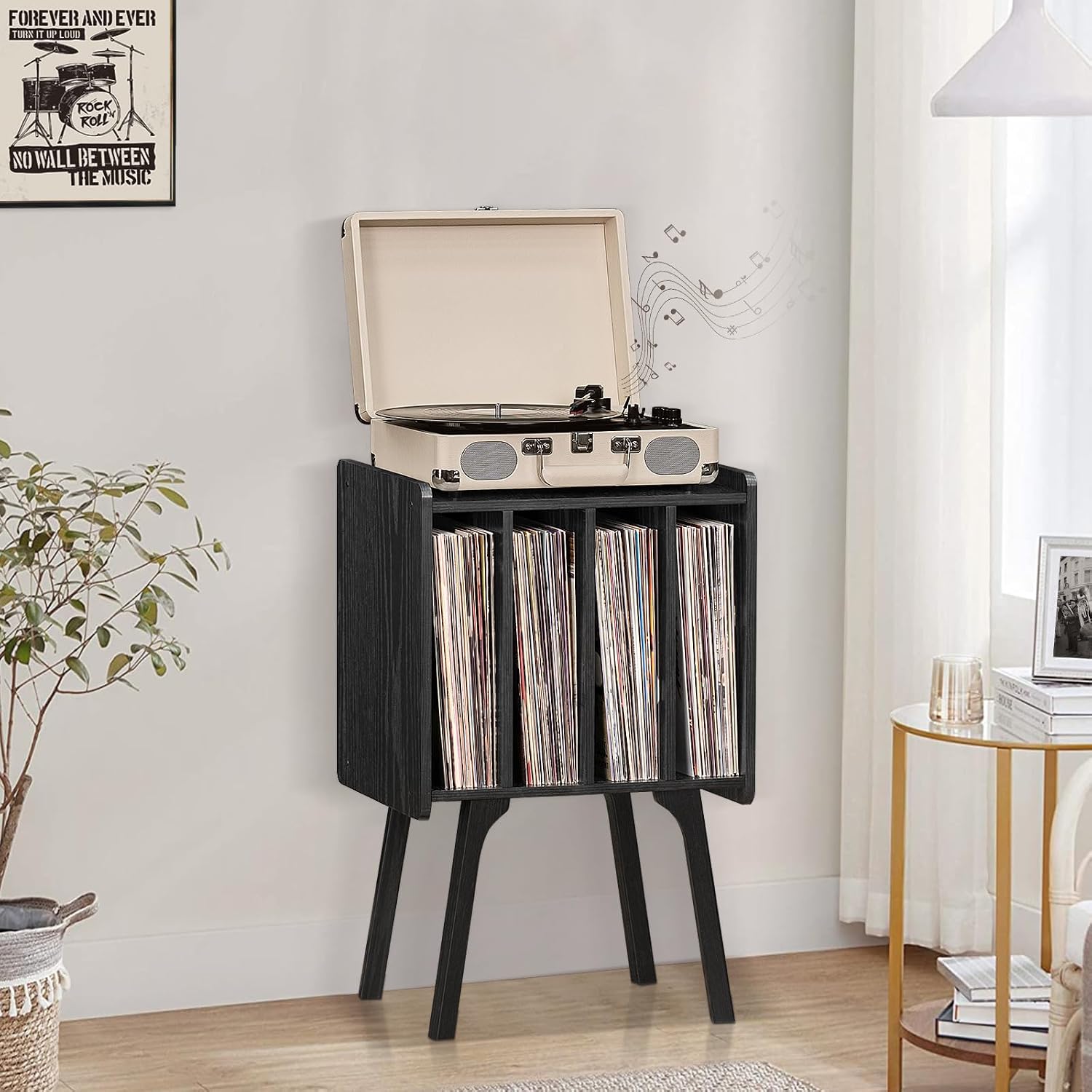 Lerliuo Record Player Stand with Storage Holds Up to 80 Albums, Turntable Stand with Beech Wood Legs, Mid-Century Record Player Table,Black Vinyl Holder Display Shelf for Bedroom Living Room