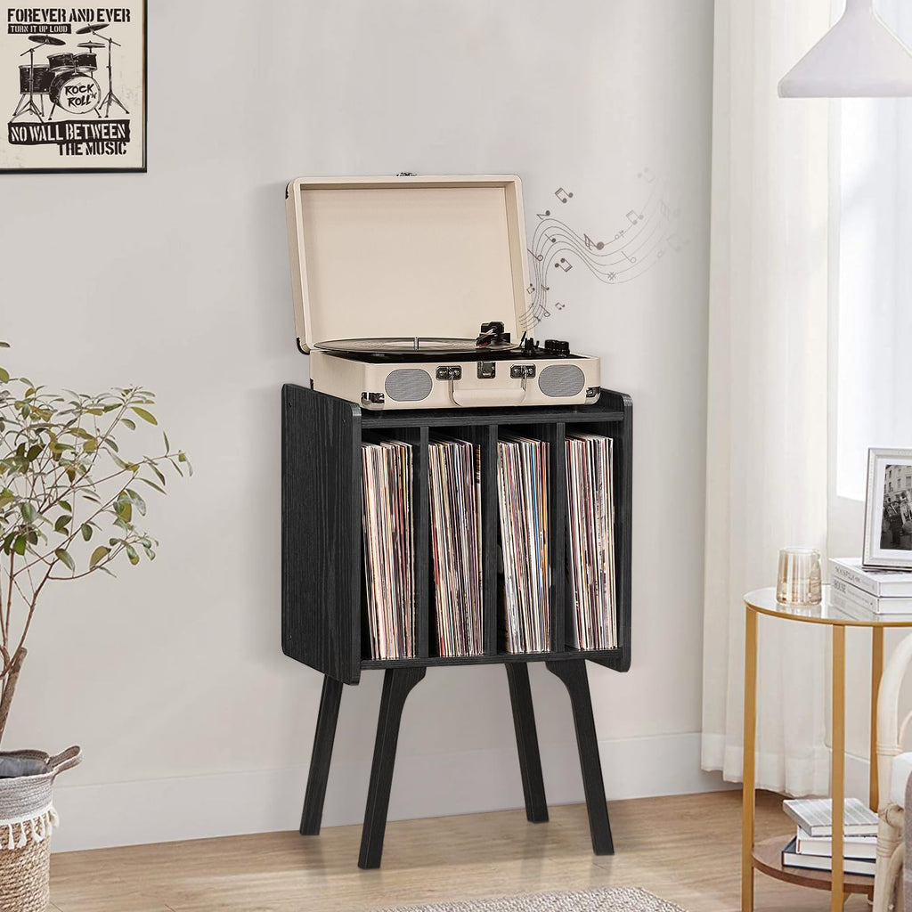 Lerliuo Record Player Stand with Storage Holds Up to 80 Albums, Turntable Stand with Beech Wood Legs, Mid-Century Record Player Table,Black Vinyl Holder Display Shelf for Bedroom Living Room