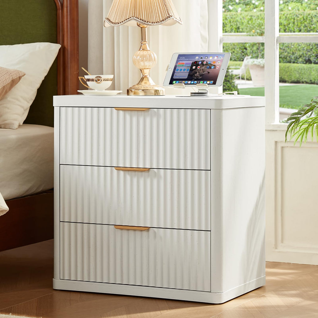 LEYAOYAO Vanity Mirror with Lights and Night Stand Sets, 43.5" Fluted Makeup Vanity with 6 Drawers and Power Outlet, 3 Drawers 23" End Side Table, Natural Wood Makeup Table Bedroom Furniture Set of 2