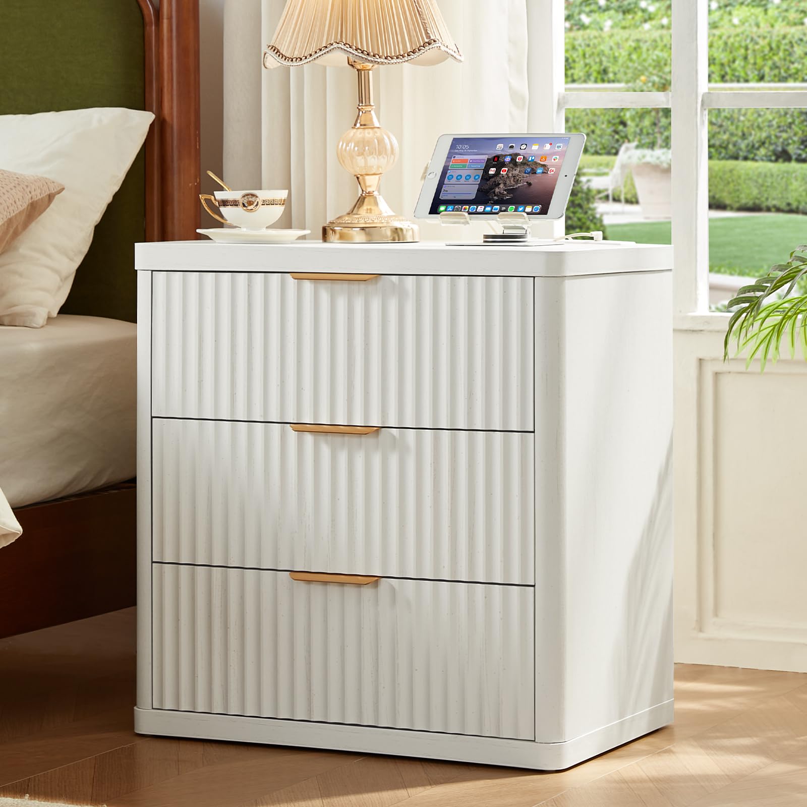 LEYAOYAO 23" Wide Fluted Night Stand with Charging Station, 3 Drawers Large End Table with Storage, LightGrey Nightstand Wood Bedside Tables, Farmhouse Cabinet Dresser for Bedroom, Closet