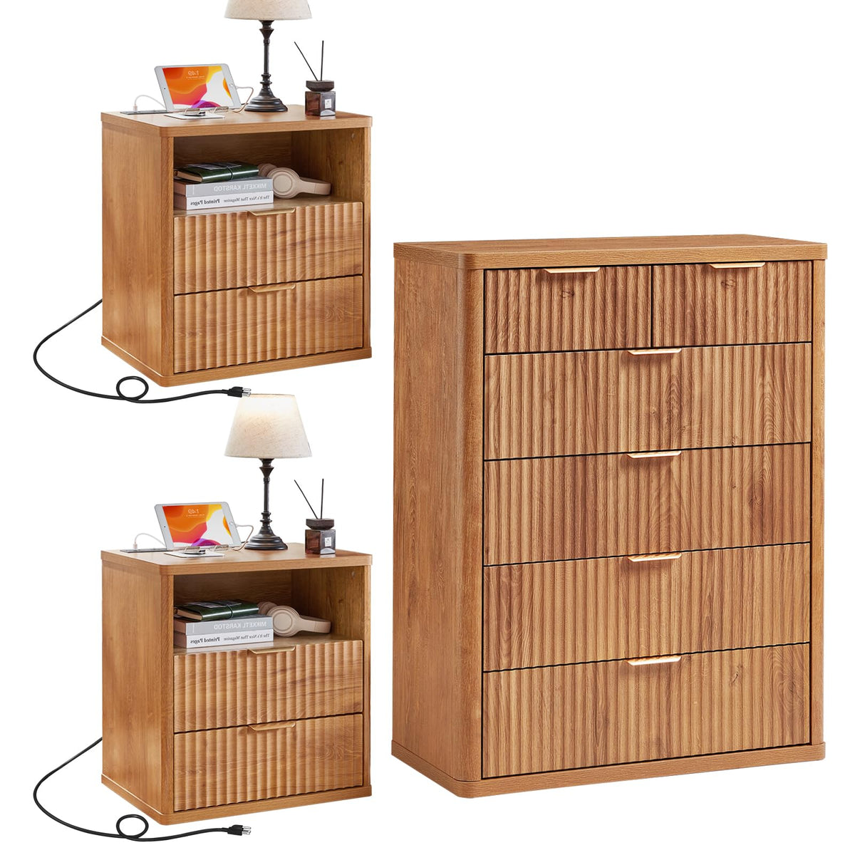LEYAOYAO Fluted Dressers & Nightstand Set of 4, Wood 48" Wide Dresser & 42" Tall Chest of Drawers,Modern Bedroom Furniture Sets, Black Wooden Nightstand Set of 2 with 2 Drawers & Charging Station