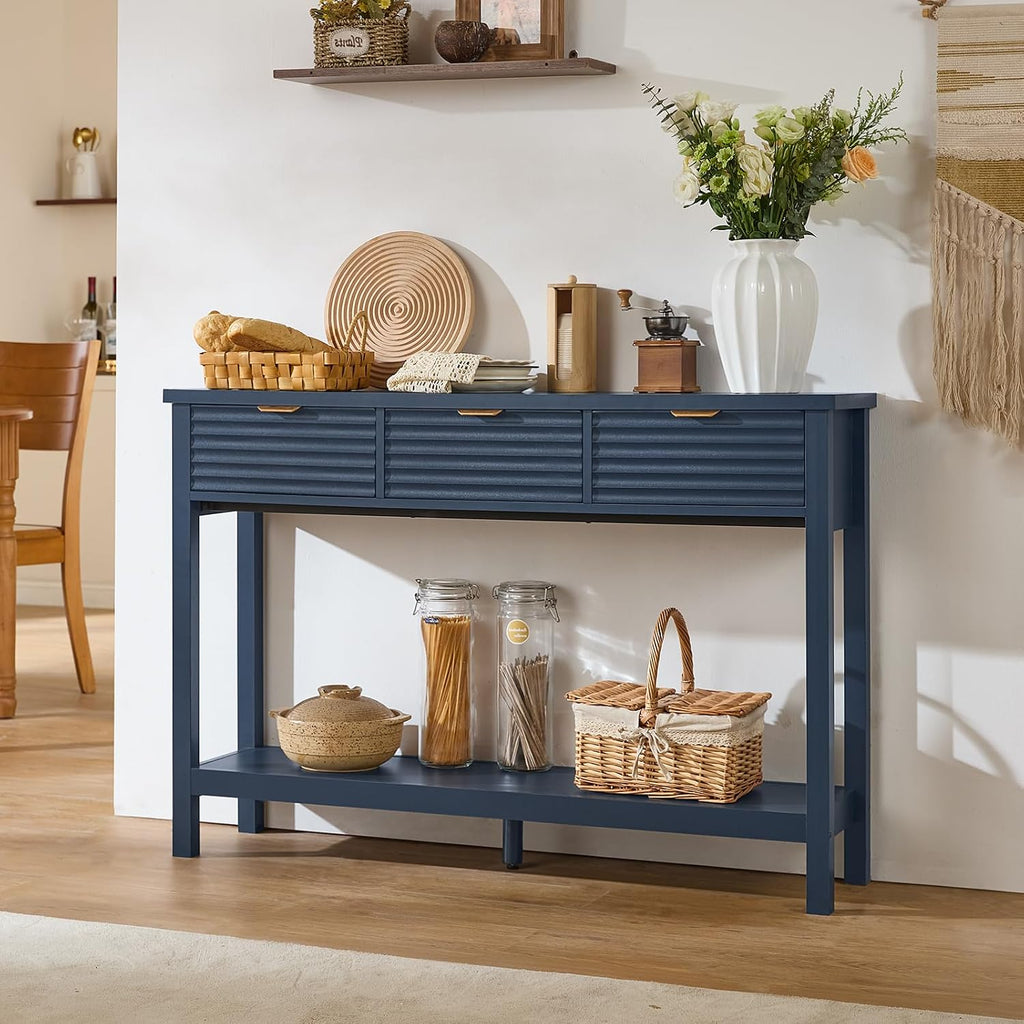 LEYAOYAO 47.2" Fluted Console Table with 3 Drawers, Blue Entryway Table