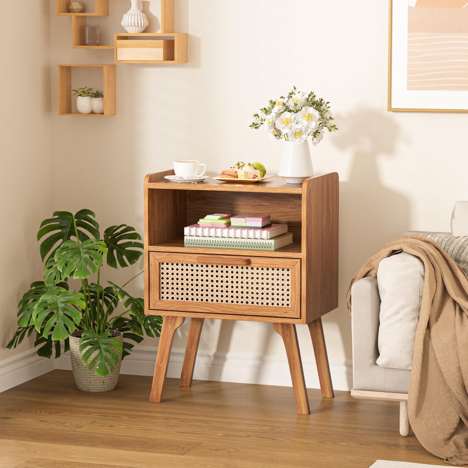 Lerliuo Rattan Nightstand, Boho Side Table with Drawer Open Shelf