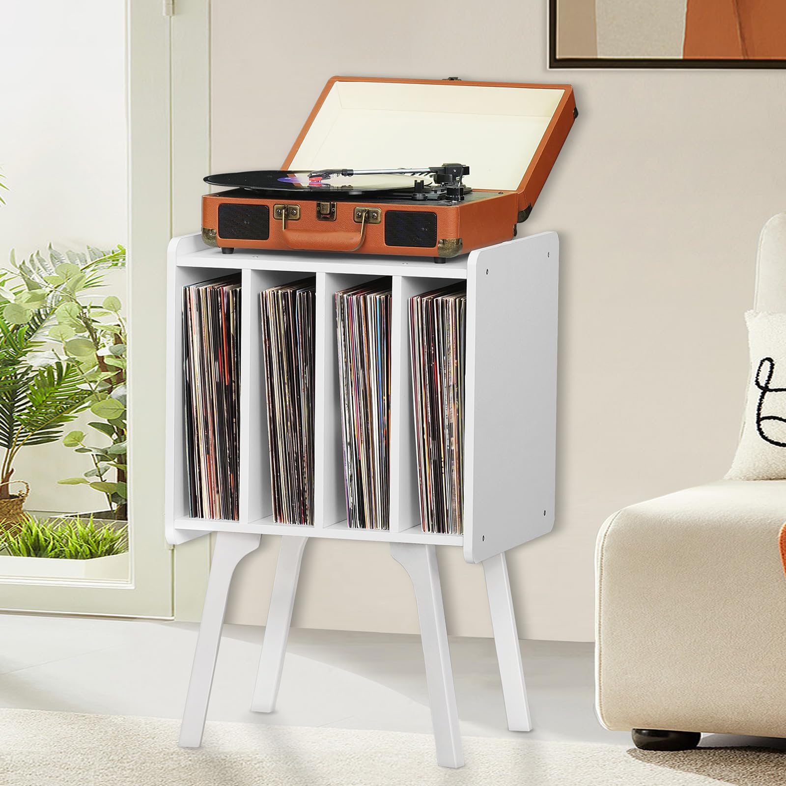 Lerliuo Record Player Stand with Storage Holds Up to 80 Albums, Turntable Stand with Beech Wood Legs, Mid-Century Record Player Table,Black Vinyl Holder Display Shelf for Bedroom Living Room