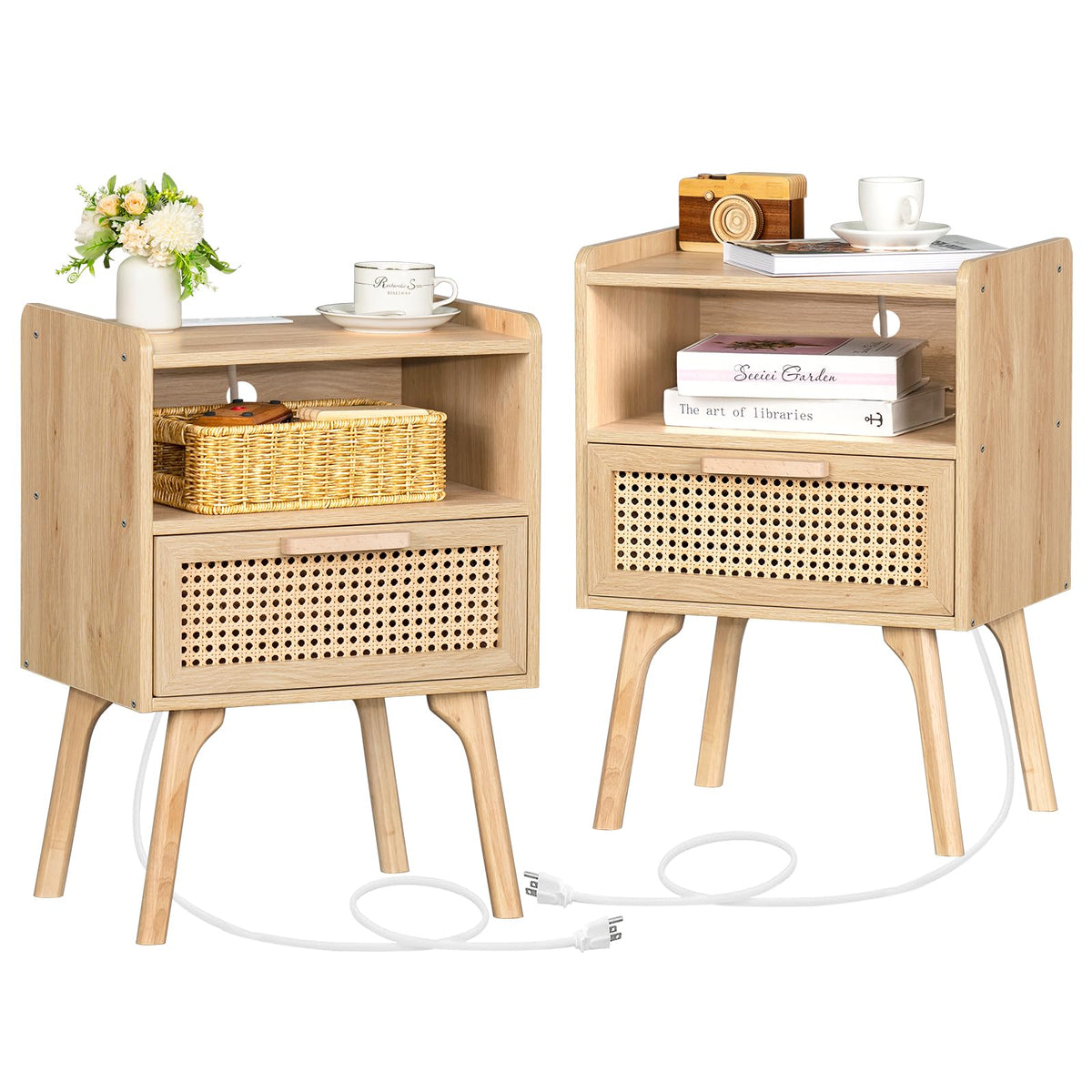 Lerliuo Rattan Nightstand with Charging Station, Boho Night Stand
