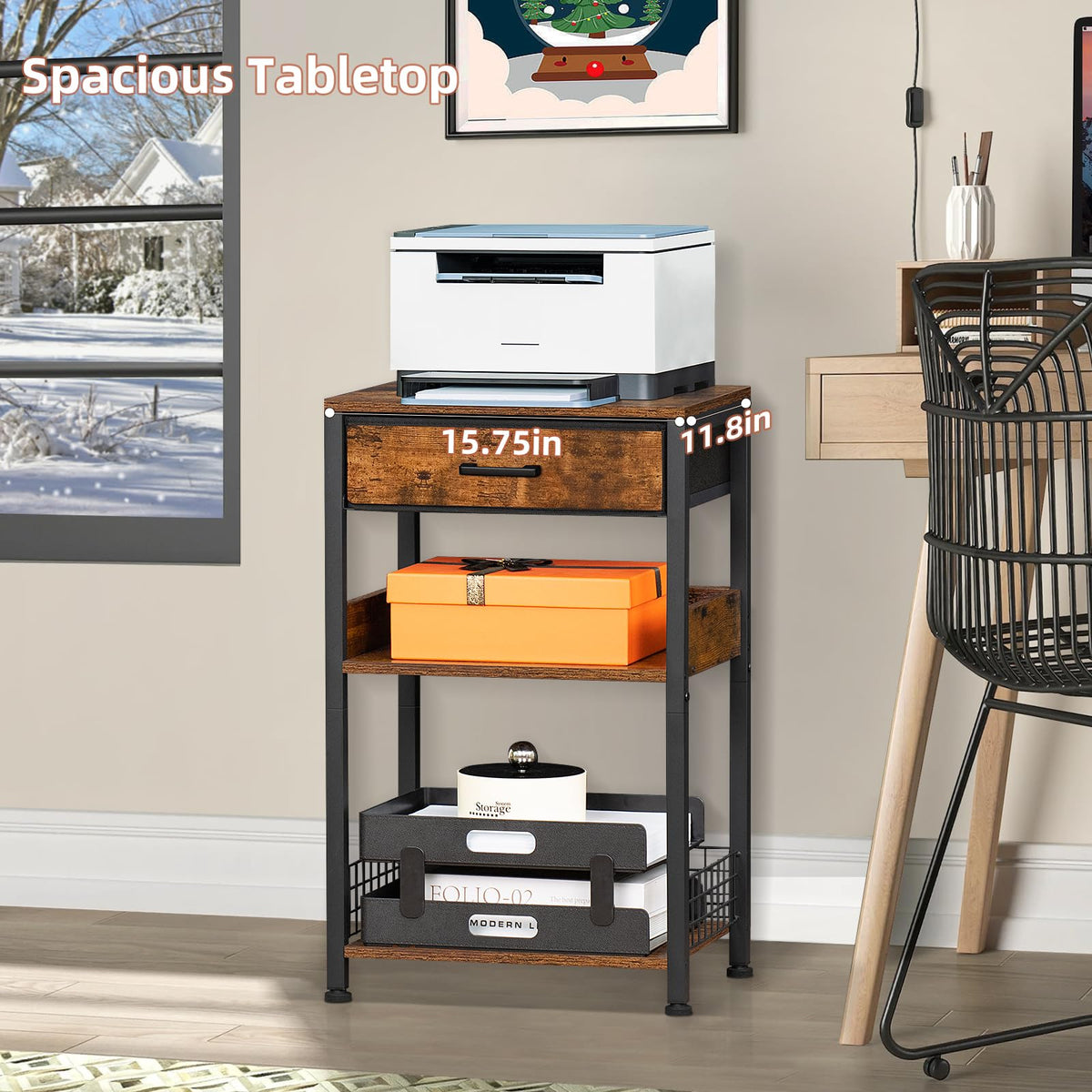 Lerliuo Printer Stand with Storage, 3-Tier Printer Table with Drawer, White