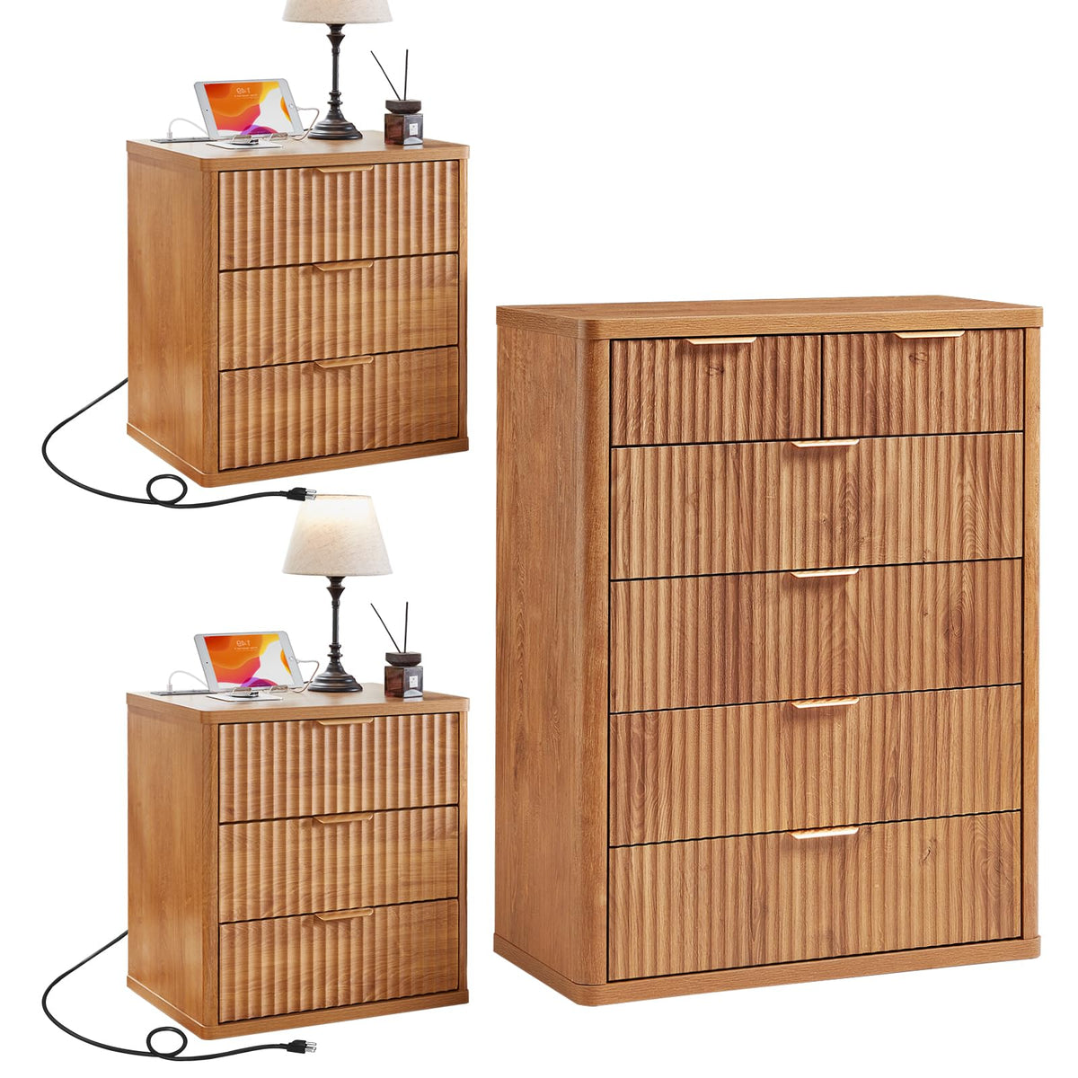 LEYAOYAO Fluted Dressers & Nightstand Set of 4, Wood 48" Wide Dresser & 42" Tall Chest of Drawers,Modern Bedroom Furniture Sets, Natural Wooden Nightstand Set of 2 with 3 Drawers & Charging Station