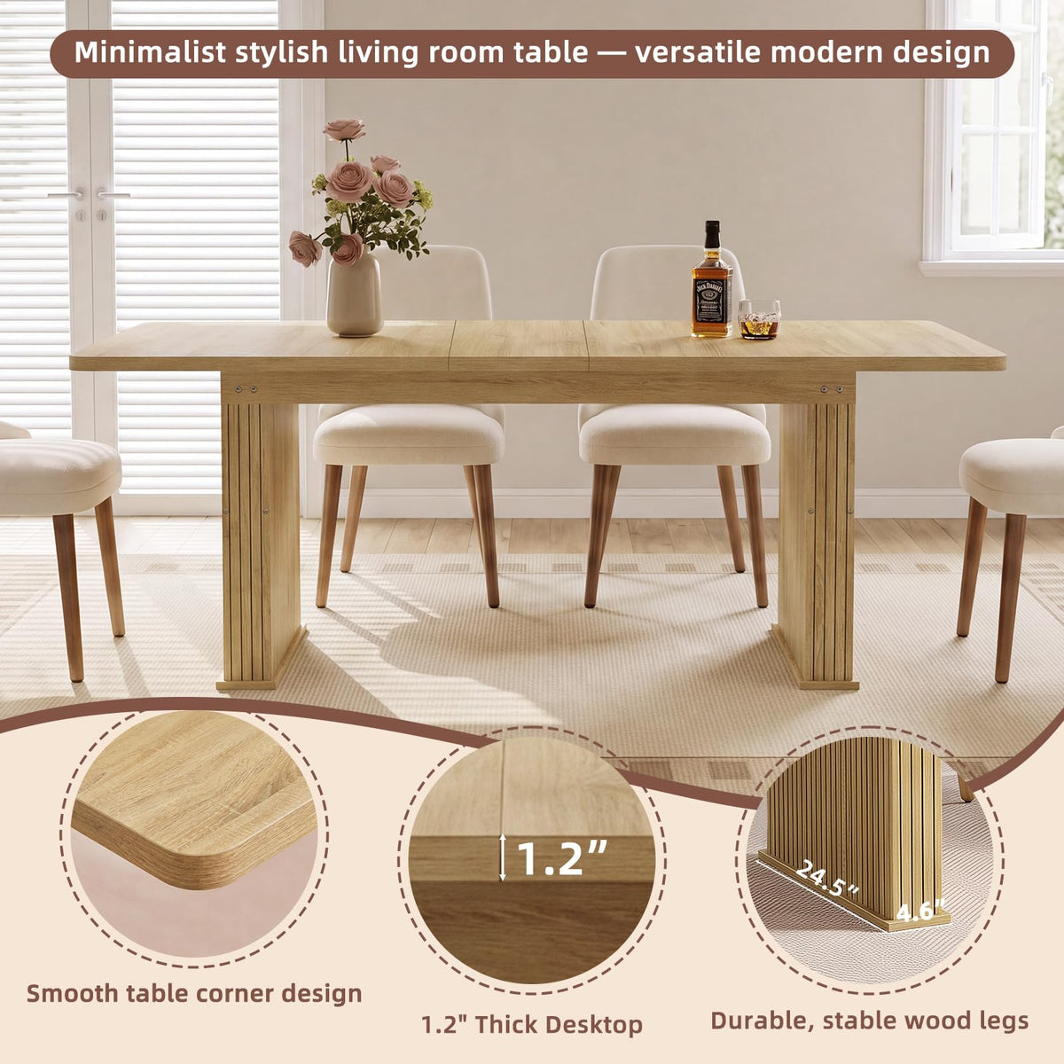 LEYAOYAO Extendable Dining Table for 4-6,63"–79" with Fluted Base(Brown)