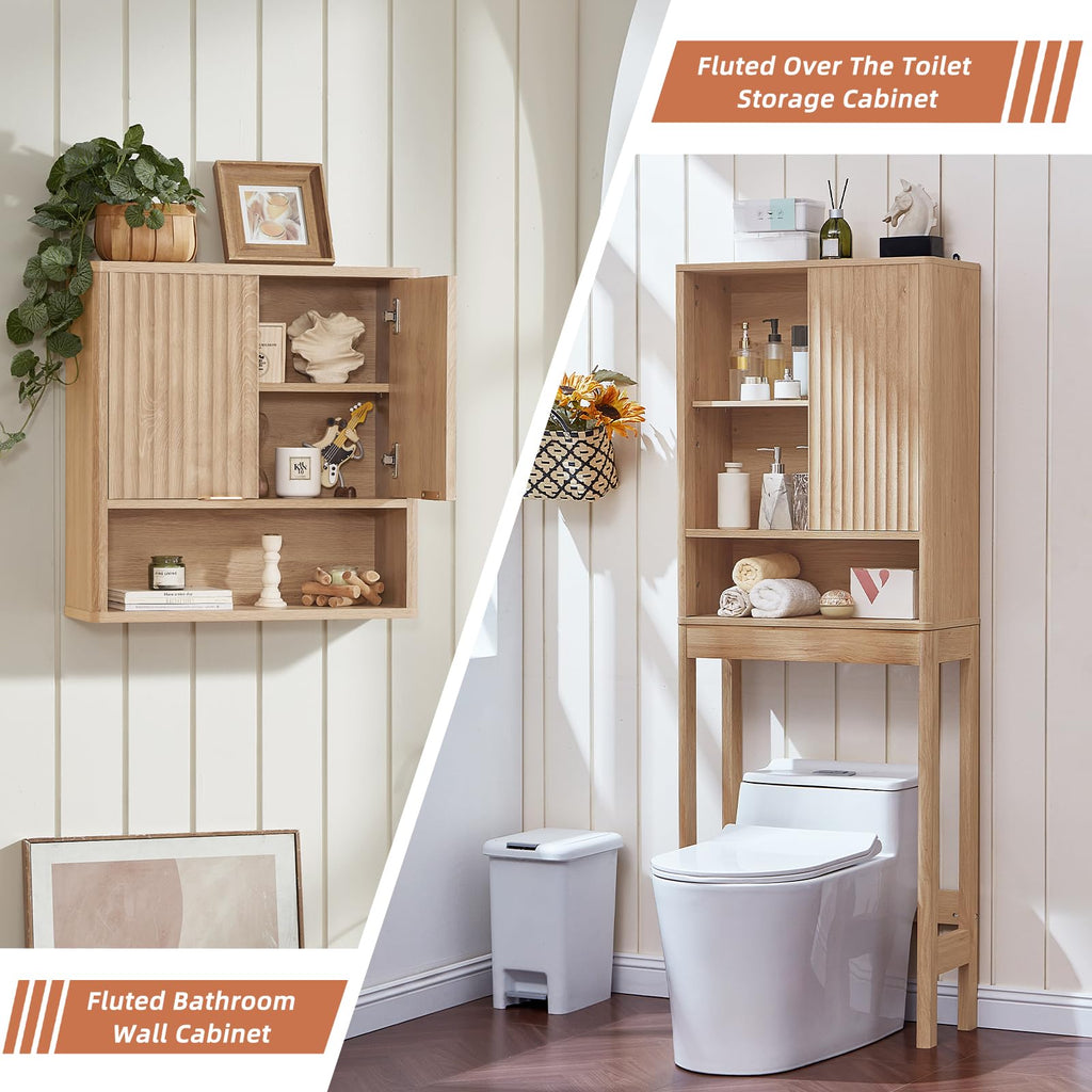 LEYAOYAO Fluted Over The Toilet Storage Cabinet & Bathroom Wall Cabinet Set of 2, Farmhouse Above Toilet Organizer, Medicine Cabinet w/Adjustable Shelf & Doors for Laundry Living Room Kitchen(Black)