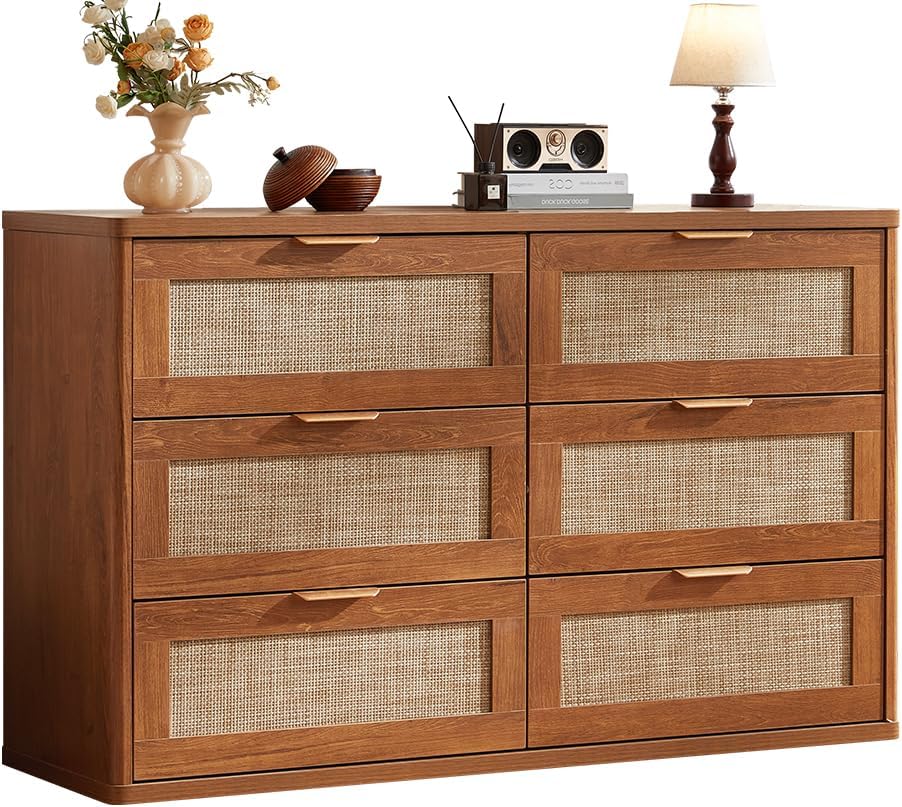 LEYAOYAO Rattan 6 Drawer Dresser for Bedroom, Boho 48" Wide Wooden Dark Dresser Chest of Drawers, Dressers TV Stand with Metal Handle, Storage Dressers Closet Organizer for Living Room, Hallway