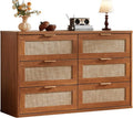 LEYAOYAO Rattan 6 Drawer Dresser for Bedroom, Boho 48" Wide Wooden Dark Dresser Chest of Drawers, Dressers TV Stand with Metal Handle, Storage Dressers Closet Organizer for Living Room, Hallway