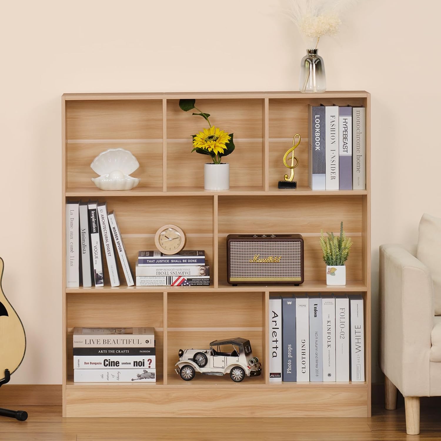 LEYAOYAO 8 Cube Bookshelf with Wood Base,Natural 3 Tier Mid-Century Modern Bookcase,Standing Wide Bookshelves Storage Organizer Shelf,Rustic Display Cabinet Book Shelves for Bedroom,Living Room