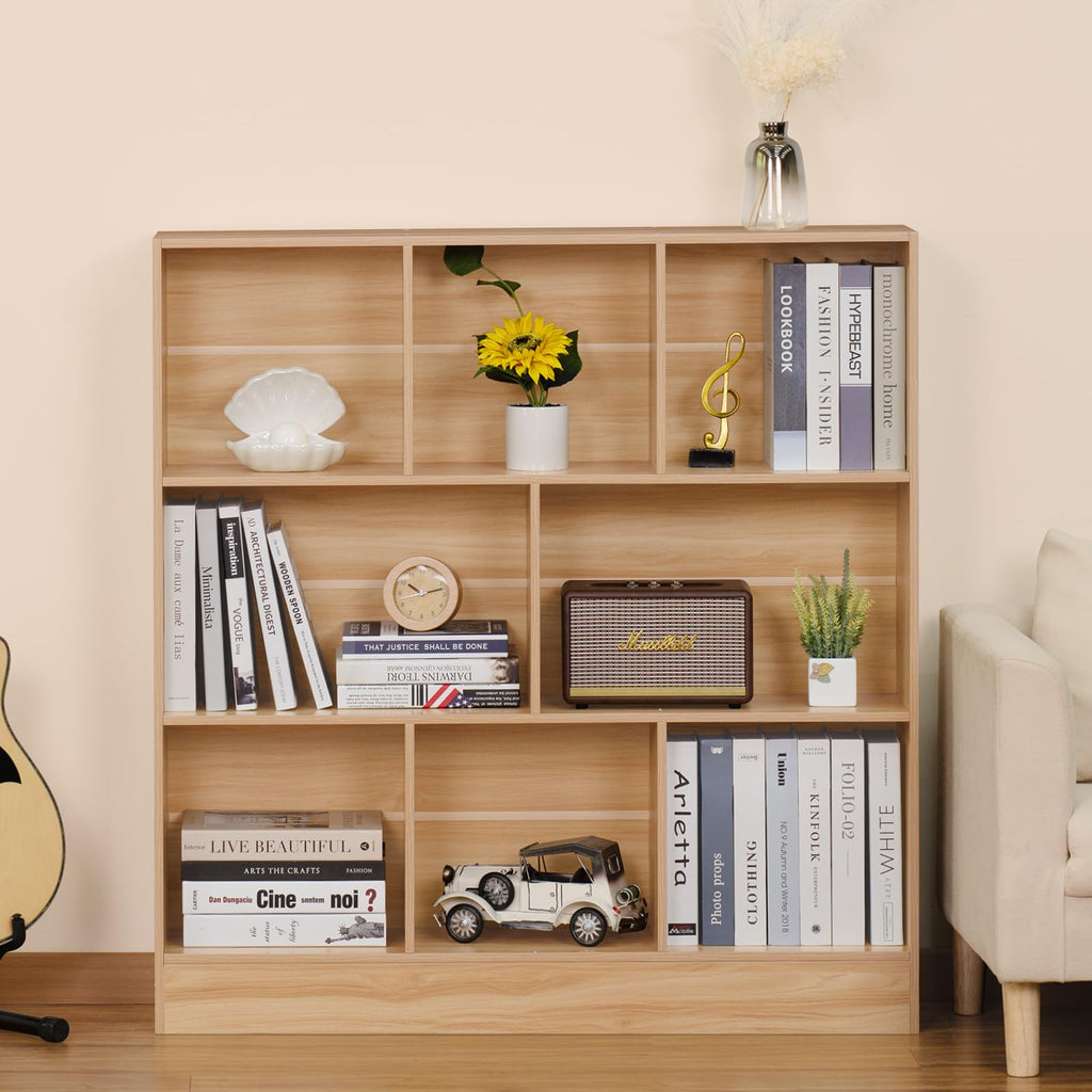 LEYAOYAO 7 Cube Bookshelf with Base,3 Tier Mid-Century Modern Blue Bookcase,Standing Wide Bookshelves Storage Organizer Shelf,Rustic Wood Display Cabinet Book Shelves for Bedroom,Living Room,Office