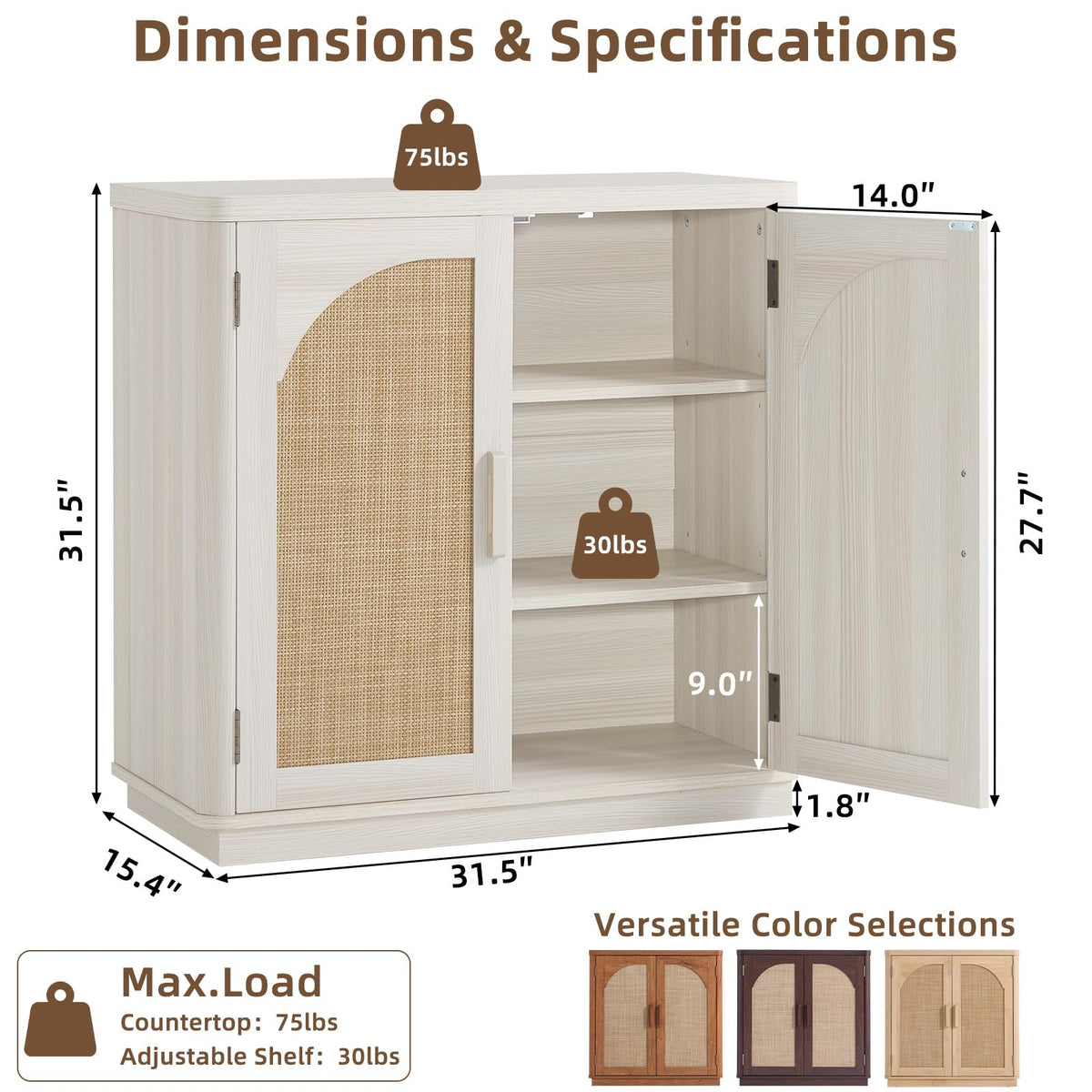 LEYAOYAO Rattan Sideboard Buffet Cabinet with Storage, 31.5" Coffee Bar Cabinet with Arch Doors & Adjustable Shelves, Wood Credenza, Boho Accent Cabinet for Kitchen, Living Room, Natural