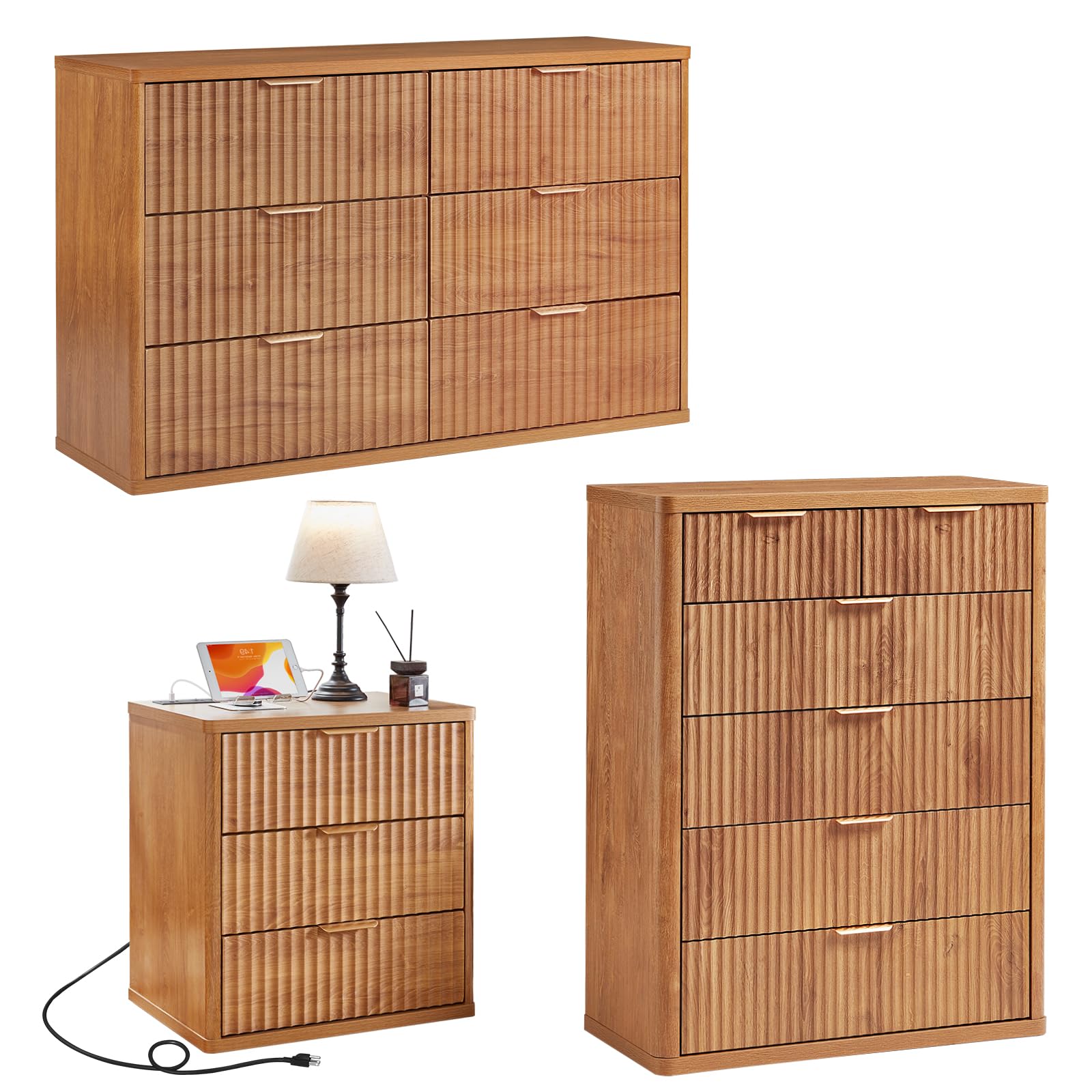 LEYAOYAO Fluted Dressers & Nightstand Set of 4, Wood 48" Wide Dresser & 42" Tall Chest of Drawers,Modern Bedroom Furniture Sets, Natural Wooden Nightstand Set of 2 with 3 Drawers & Charging Station