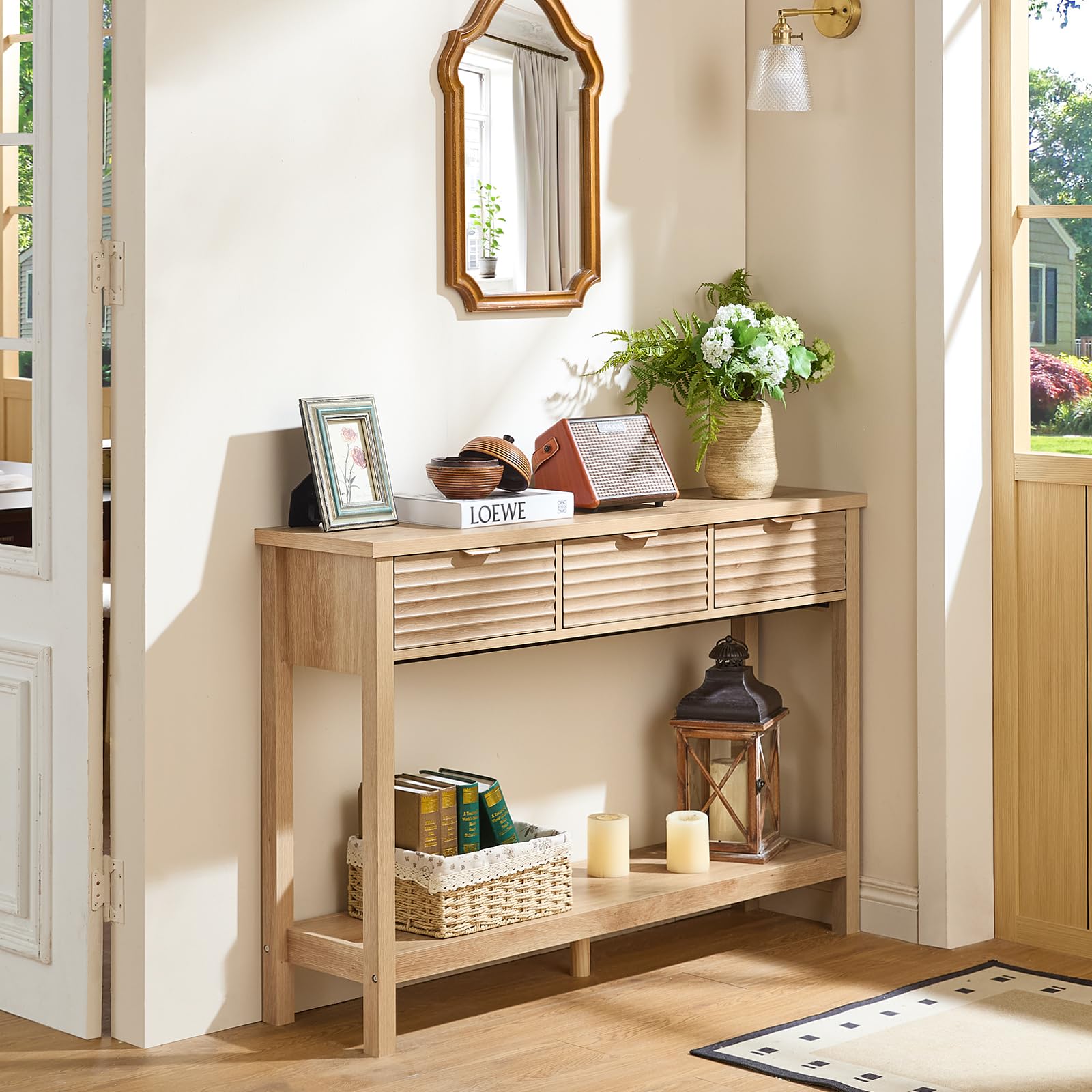 LEYAOYAO 47.2" Fluted Console Table with 3 Drawers, Blue Entryway Table