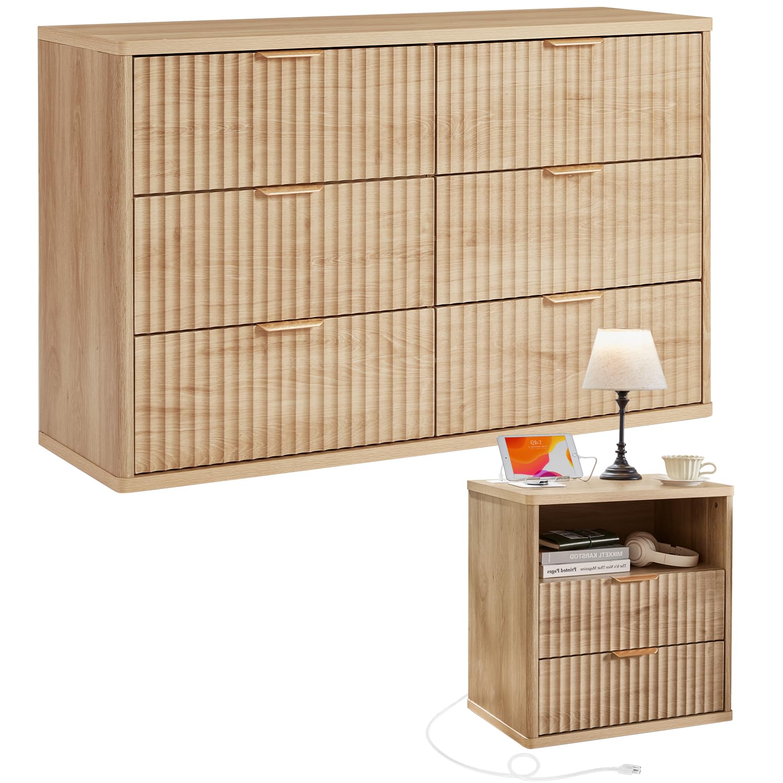 LEYAOYAO Fluted Dresser and 2 Drawers Nightstand Set of 2, Wood 48" Wide Dresser & 23" Night Stand with Charging Station, 3 Piece Bedroom Furniture Set, Chest of Drawers for Living Room,Antique White