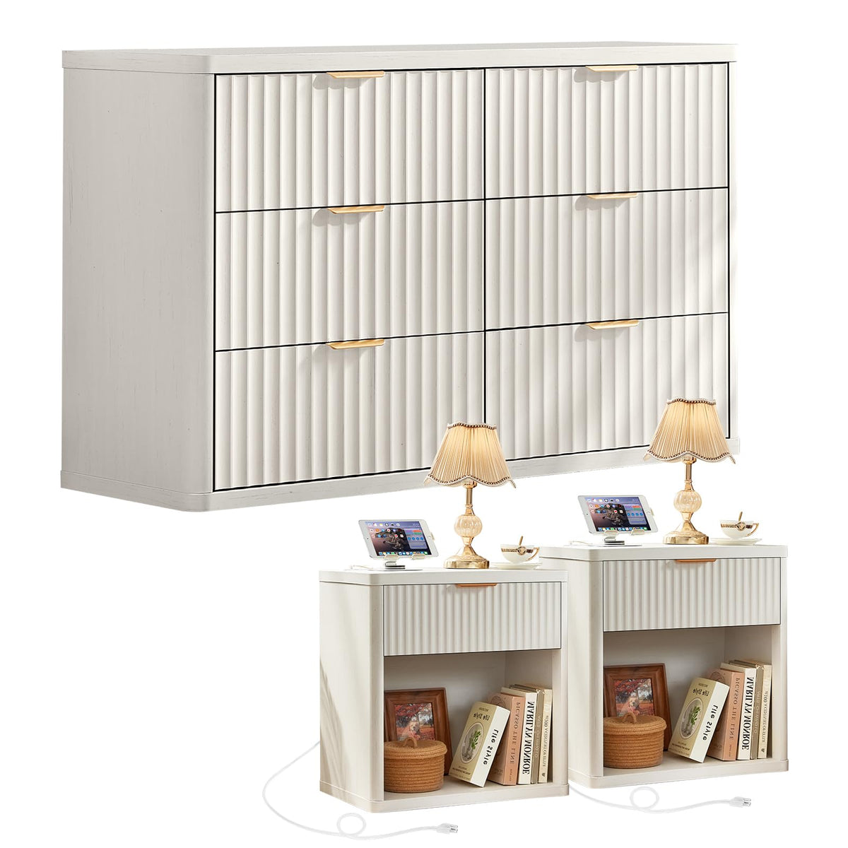 LEYAOYAO 48" Wide Fluted Dresser and 1 Drawers 23" Nightstand Set of 2, Wooden Dresser & Night Stand with Charging Station, 3 Piece Bedroom Furniture Set, Chest of Drawer for Living Room,Antique White