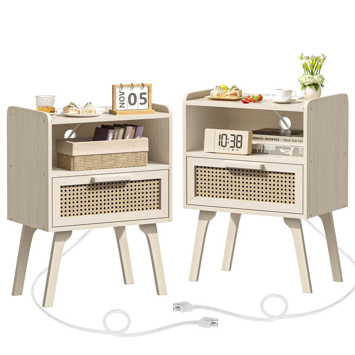 Lerliuo Rattan Nightstand with Charging Station, Boho Night Stand