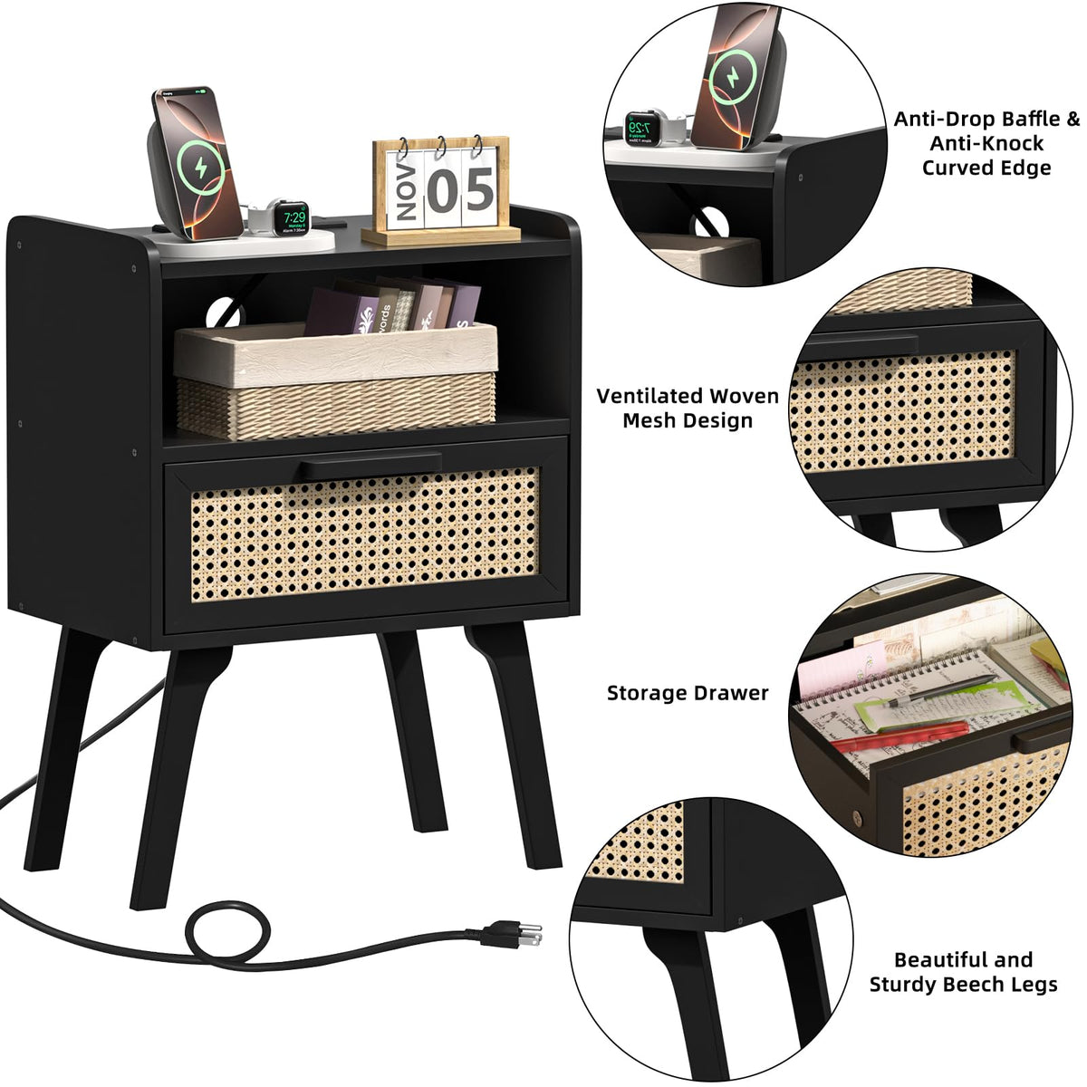 Lerliuo Rattan Nightstand with Charging Station, Boho Night Stand