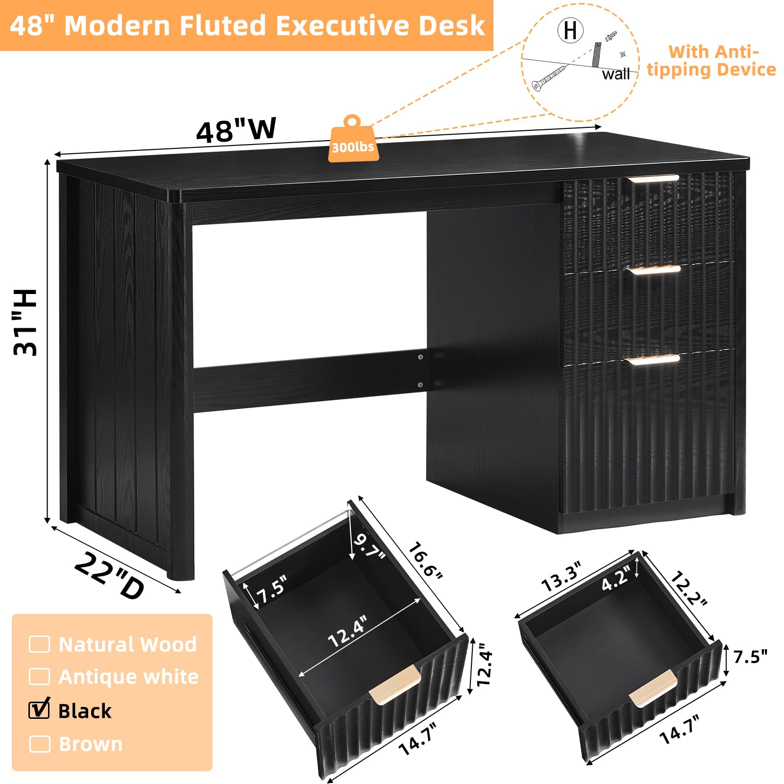 LEYAOYAO Office Desk 48" with 3 Drawers Storage File Cabinet