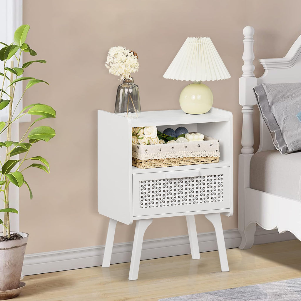 Lerliuo Rattan Nightstand, Boho Side Table with Drawer Open Shelf