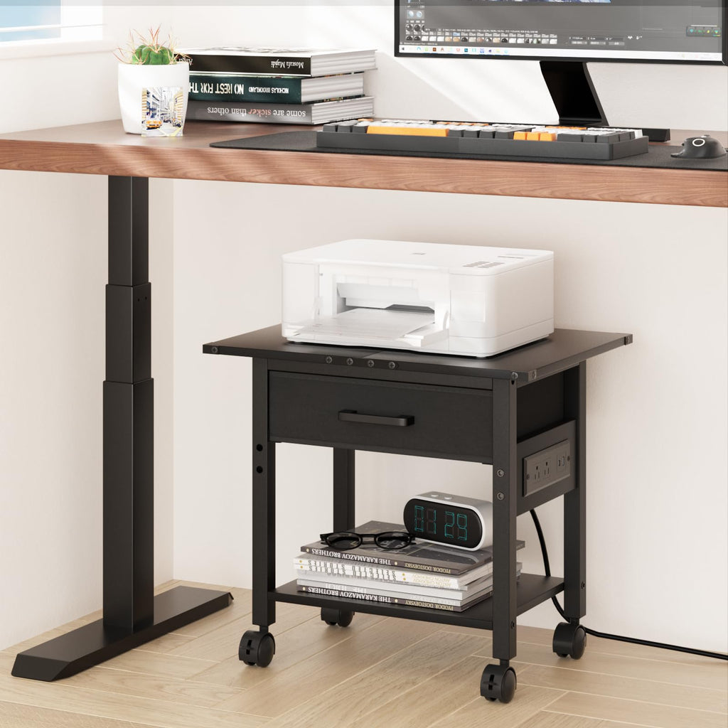 Lerliuo Under Desk Rolling Printer Stand with Drawer, 2-Tier Industrial Mobile Printer Table Desk with Storage Shelf and Steel Frame, Printer Cart Holder with Lockable Wheels for Home, Office (Brown)