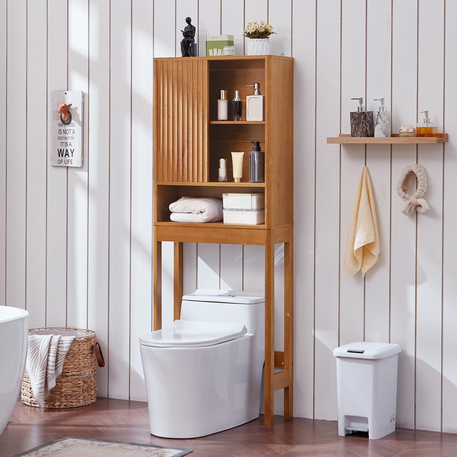 LEYAOYAO 68" Modern Fluted Over The Toilet Storage Cabinet, a Sliding Door