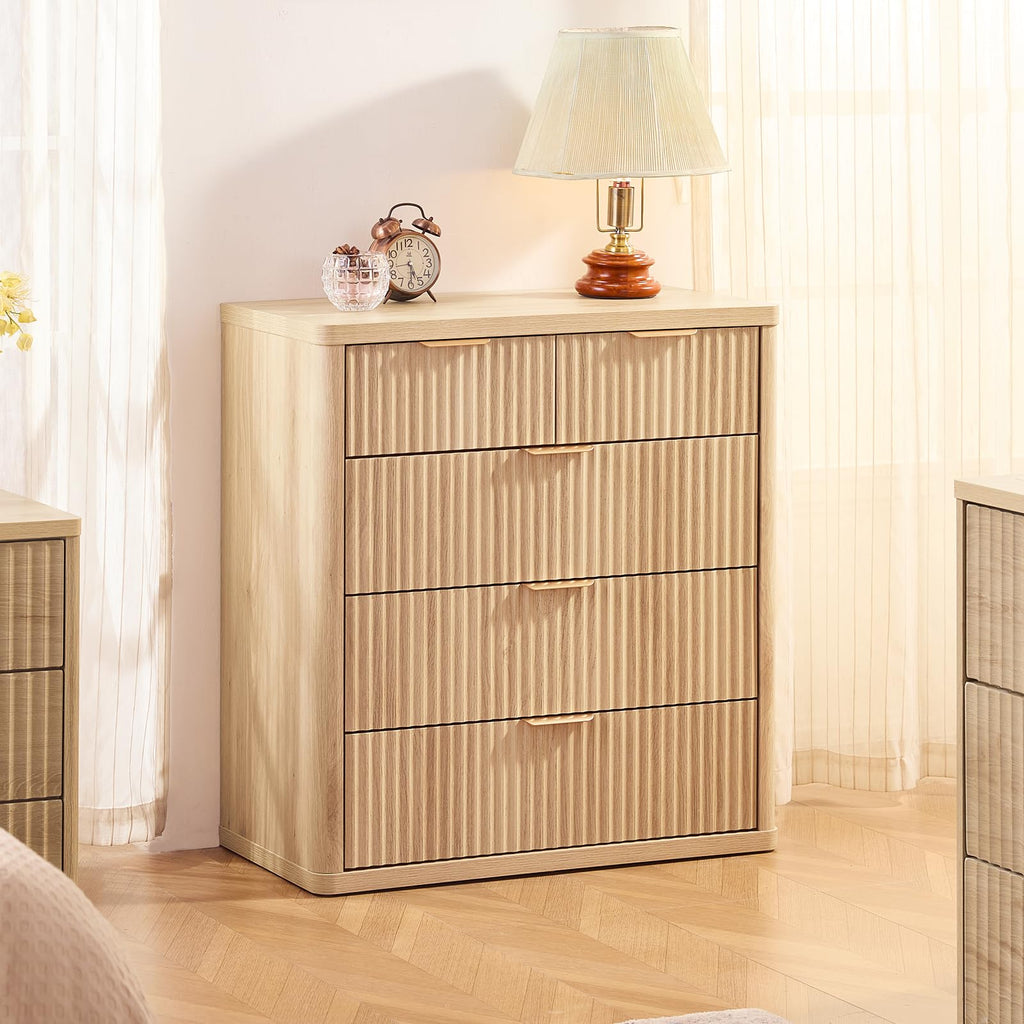 LEYAOYAO Fluted 5 Drawers Dresser for Bedroom, 41" Tall Modern Chest of Drawers with Metal Handle, Curved Profile Design,Natural Wood Drawer Organizer for Bedroom, Living Room, Hallway, Entryway