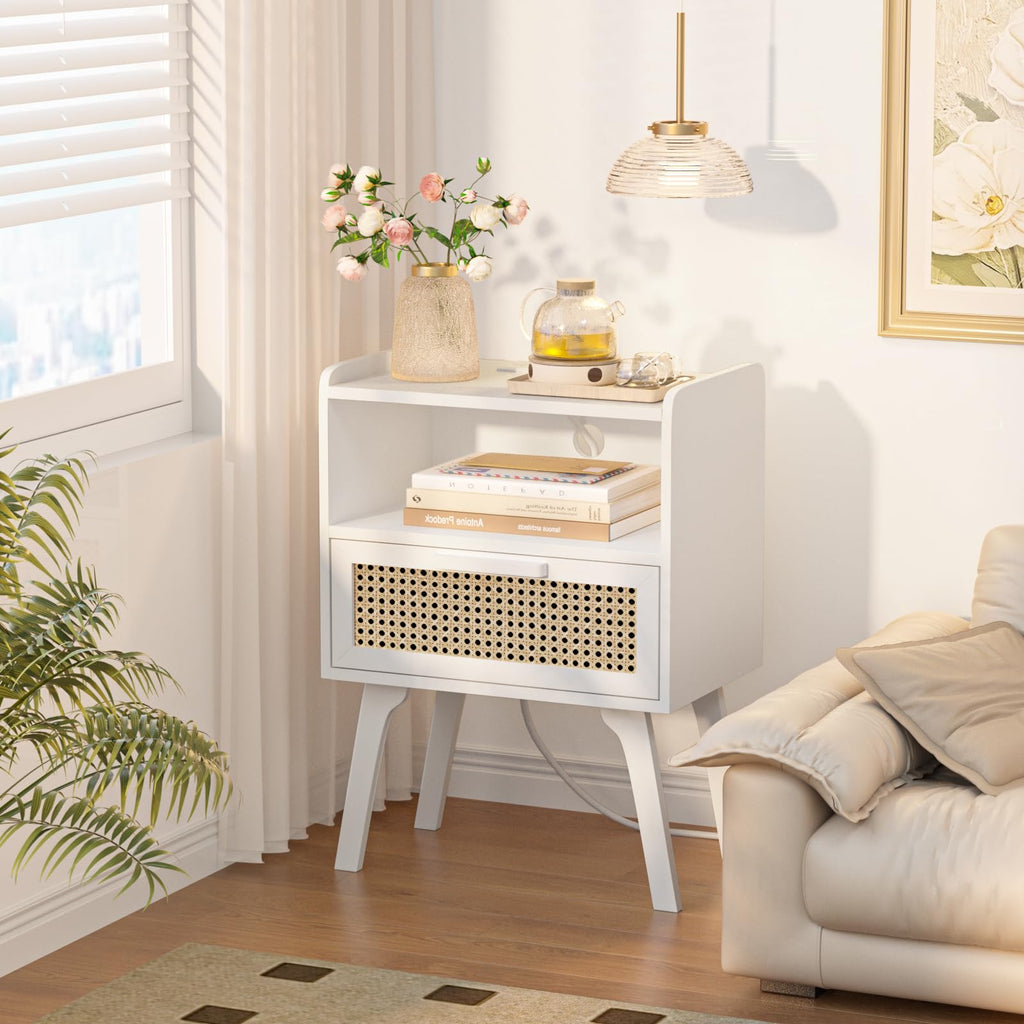 Lerliuo Rattan Nightstand with Charging Station, Boho Night Stand