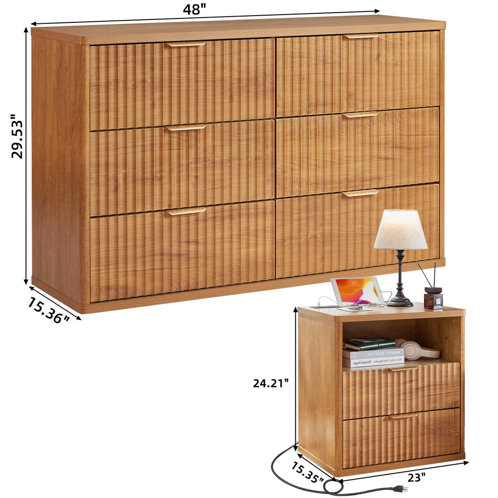 LEYAOYAO Fluted Dresser and 2 Drawers Nightstand Set of 2, Wood 48" Wide Dresser & 23" Night Stand with Charging Station, 3 Piece Bedroom Furniture Set, Chest of Drawers for Living Room,Antique White