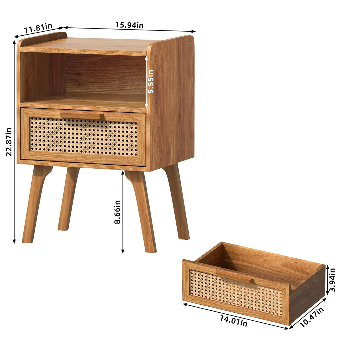 Lerliuo Rattan Nightstand, Boho Side Table with Drawer Open Shelf