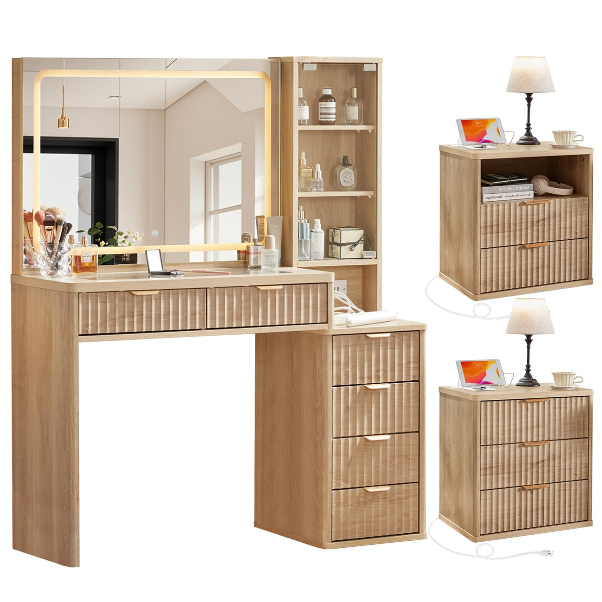 LEYAOYAO Vanity Mirror with Lights and Night Stand Sets, 43.5" Fluted Makeup Vanity with 6 Drawers and Power Outlet, 3 Drawers 23" End Side Table, Natural Wood Makeup Table Bedroom Furniture Set of 2