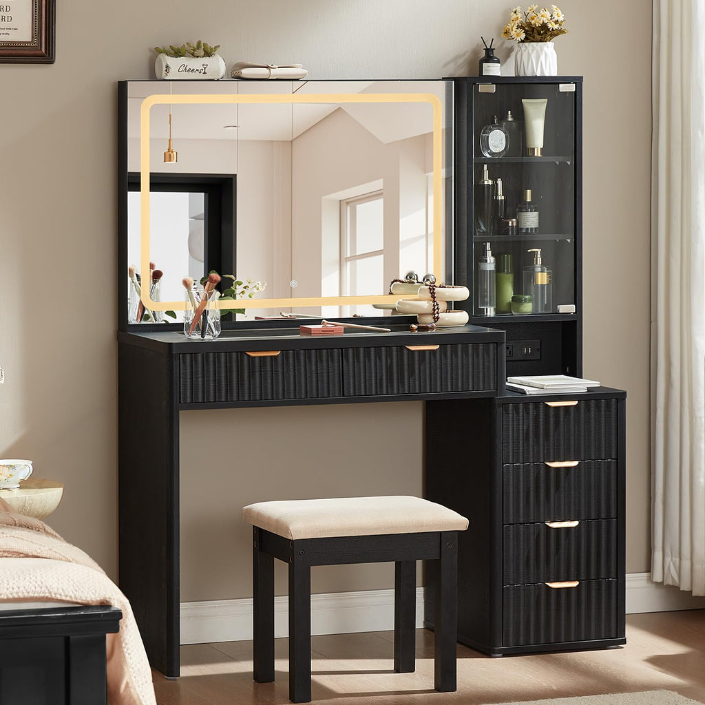 LEYAOYAO Vanity Stool, Elegant Wooden Makeup Chair Stool with Comfortable Fabric Cushion, Modern Make Up Bench for Bedroom and Bathroom-Classic Black