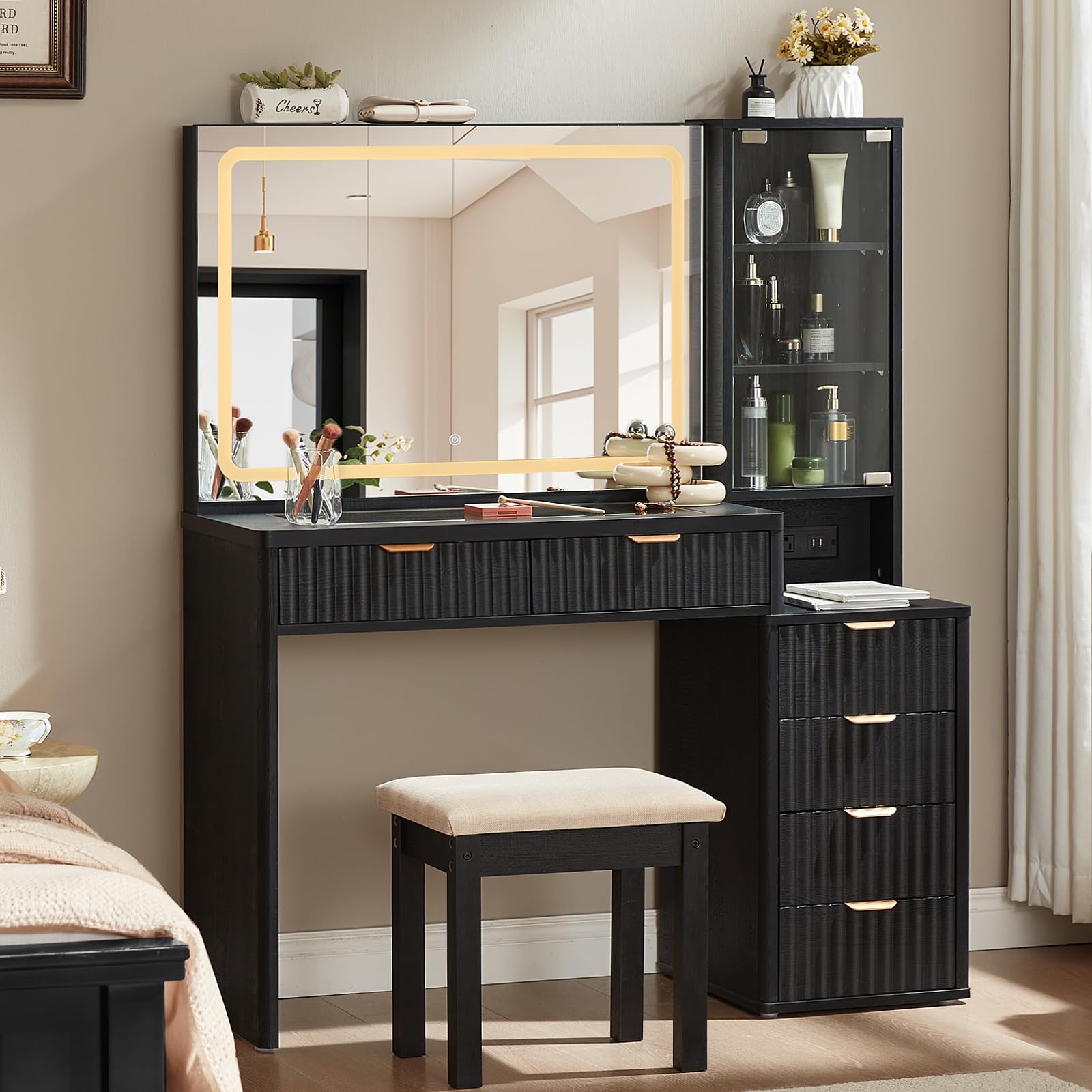 LEYAOYAO Vanity Stool, Elegant Wooden Makeup Chair Stool with Comfortable Fabric Cushion, Modern Make Up Bench for Bedroom and Bathroom-Classic Black