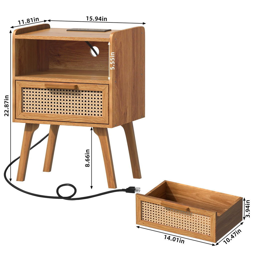 Lerliuo Rattan Nightstand with Charging Station, Boho Night Stand