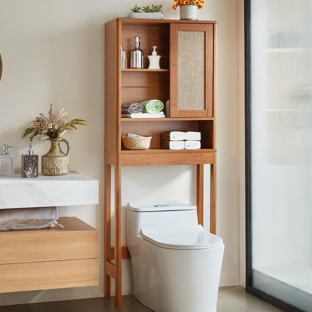 Lerliuo Rattan Bathroom Wall Cabinet, Boho Natural Medicine Cabinet with Adjustable Wood Shelf, 2 Doors Over The Toilet Storage Cabinets for Laundry Room, Kitchen, Living Room
