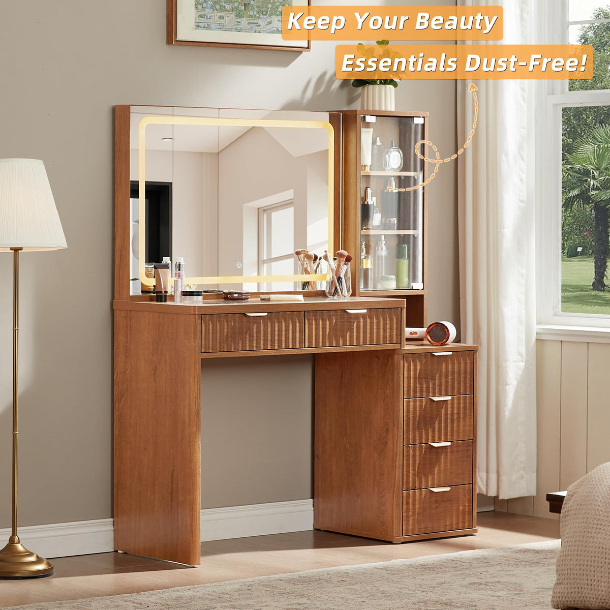 LEYAOYAO Fluted Makeup Vanity Desk with Mirror and Lights, 43.5''