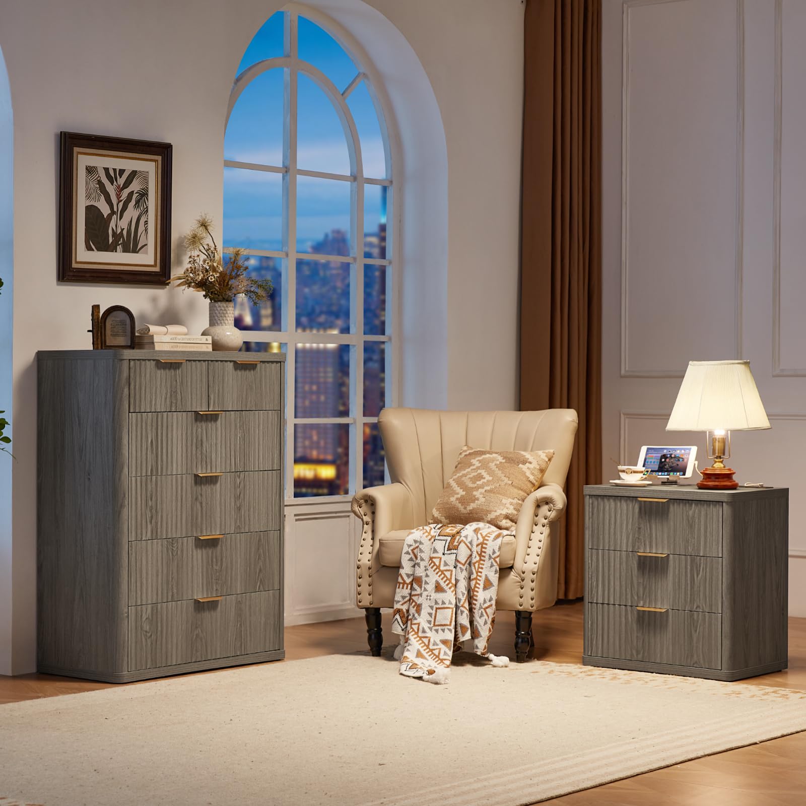 LEYAOYAO 23" Wide Fluted Night Stand with Charging Station, 3 Drawers Large End Table with Storage, LightGrey Nightstand Wood Bedside Tables, Farmhouse Cabinet Dresser for Bedroom, Closet