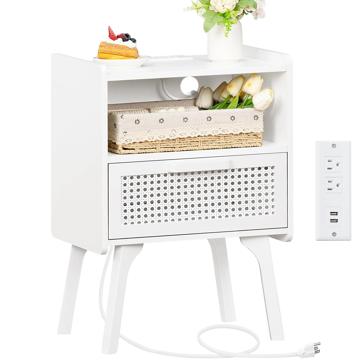 Lerliuo Rattan Nightstand with Charging Station, Boho Night Stand