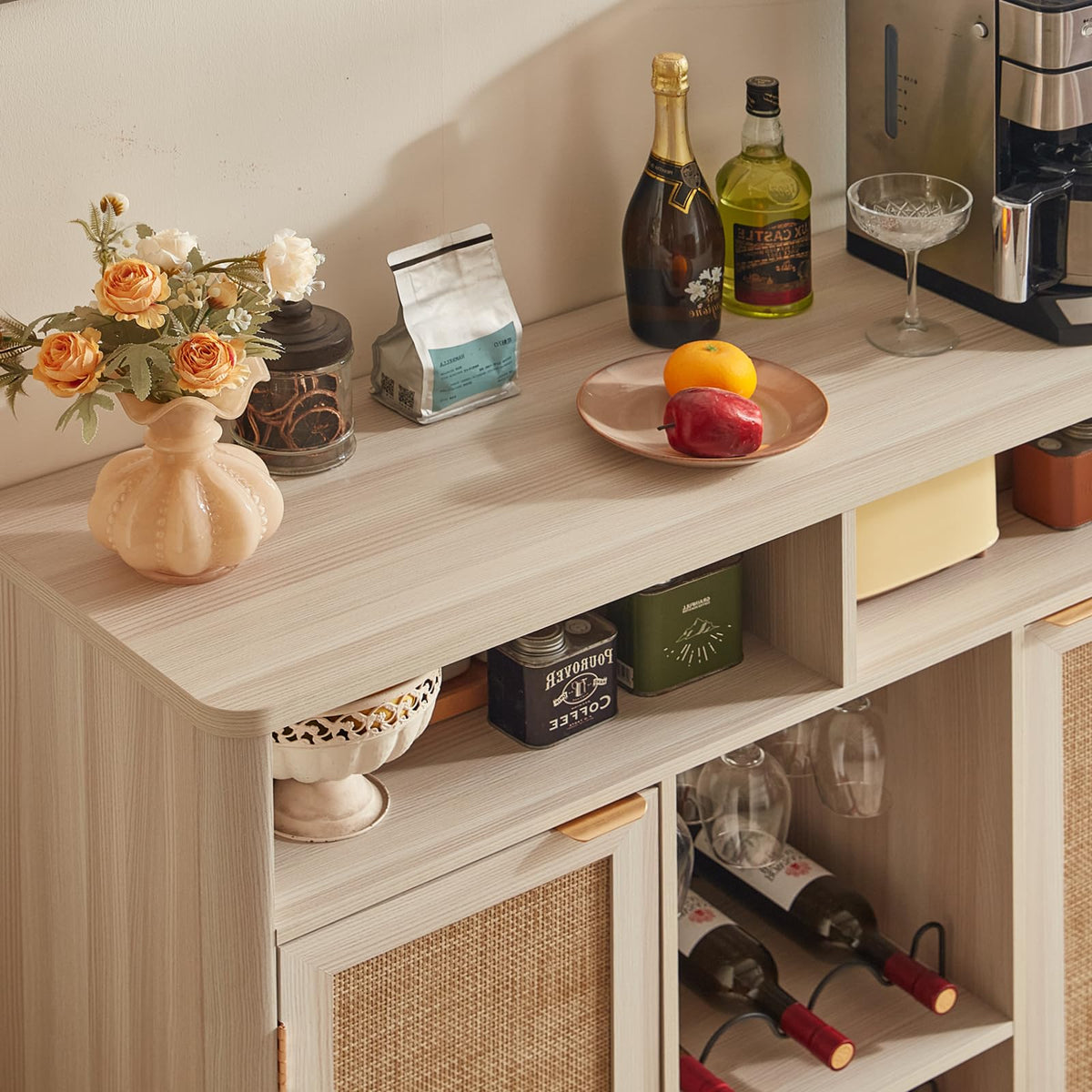 Lerliuo Rattan Wine Bar Cabinet with 2 Doors, Walnut