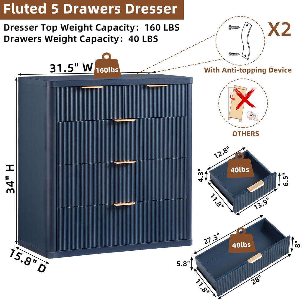 LEYAOYAO Fluted 5 Drawers Dresser for Bedroom, 41" Tall Modern Chest of Drawers with Metal Handle, Curved Profile Design,Natural Wood Drawer Organizer for Bedroom, Living Room, Hallway, Entryway